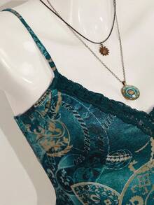 SHEIN ICON 女款貼身蕾絲拼接印花細肩帶背心 - 藍色 - 查看 9