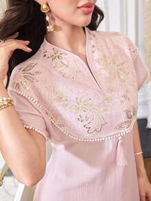 Yasmyna Spring/Summer Sequin Embroidered Patchwork Pink Waist-Cinched Arabian Dress - Pink - View 2