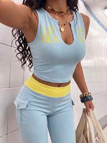 StreetHx Women's Notch V-Neck Sleeveless Sports Tank Top - Blue - View 2