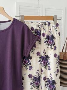 SHEIN Tween Girl Loose Casual Simple Comfortable Round Neck Short Sleeve Striped T-Shirt And Long Pants Set - Purple - View 4