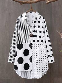 SHEIN Plus Size Women's Casual Loose Fit Large & Small Polka Dot Patchwork Design Asymmetrical Hem Long Sleeve Shirt - Black and White - View 1