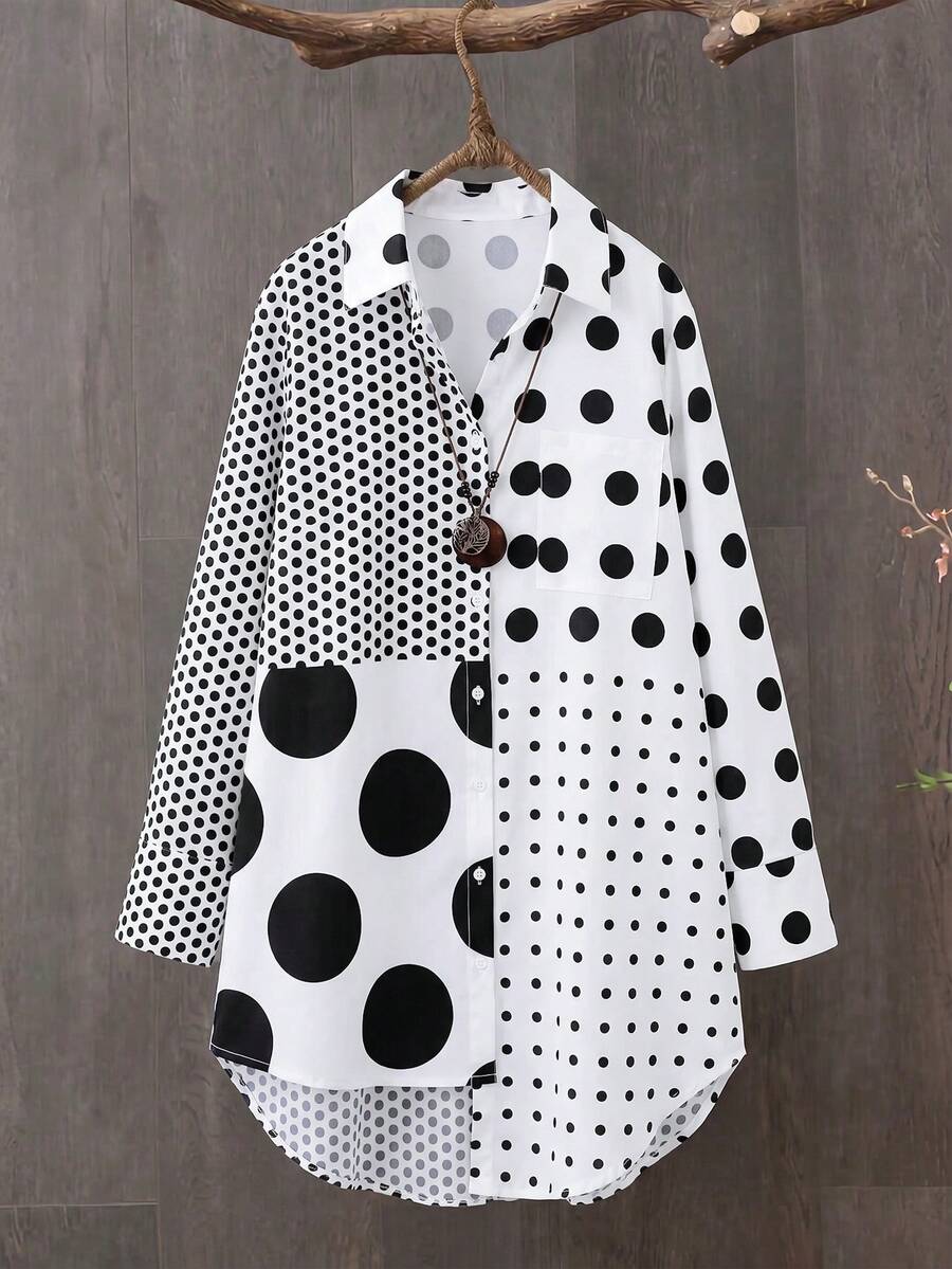 SHEIN Plus Size Women's Casual Loose Fit Large & Small Polka Dot Patchwork Design Asymmetrical Hem Long Sleeve Shirt - Black and White - View 1