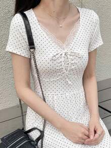Dazy Tall 女款高個子長袖圓點蕾絲拼接休閒T恤，適合高個女孩 - 彩色 - 查看 4