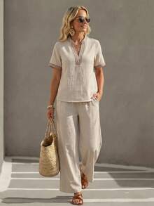 Faunlyn Women's Striped Notch V-Neck Short Sleeve Shirt And Pants Casual 2 Pieces Set - Khaki - View 4
