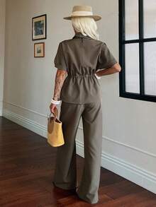 DAZY Summer Women's European And American Style Light Luxury Drawstring Waist Short Sleeve Shirt And Long Pants Two Pieces Set Vacation Travel Olive Green - Coffee Brown - View 2