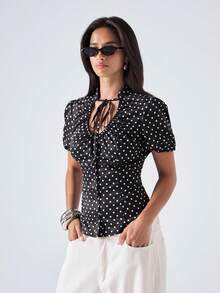 LYSMO Women's Polka Dot Pattern Tie Neck Short Puff Sleeve Blouse - Black - View 6