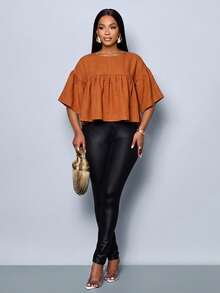 SOLERSUN Blus Peplum Wanita yang Menawan, Atasan Babydoll, Lengan Lonceng yang Mengalir, Potongan Longgar, Kontrol Perut, Warna Karat, Cocok untuk Kerja Kantor hingga Akhir Pekan yang Chic - Coklat - View 5