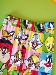LOONEY TUNES X SHEIN 小男孩卡通猫狗彩色格子多巴胺印花长袖T恤和长裤睡衣套装 - 彩色 - 查看 9