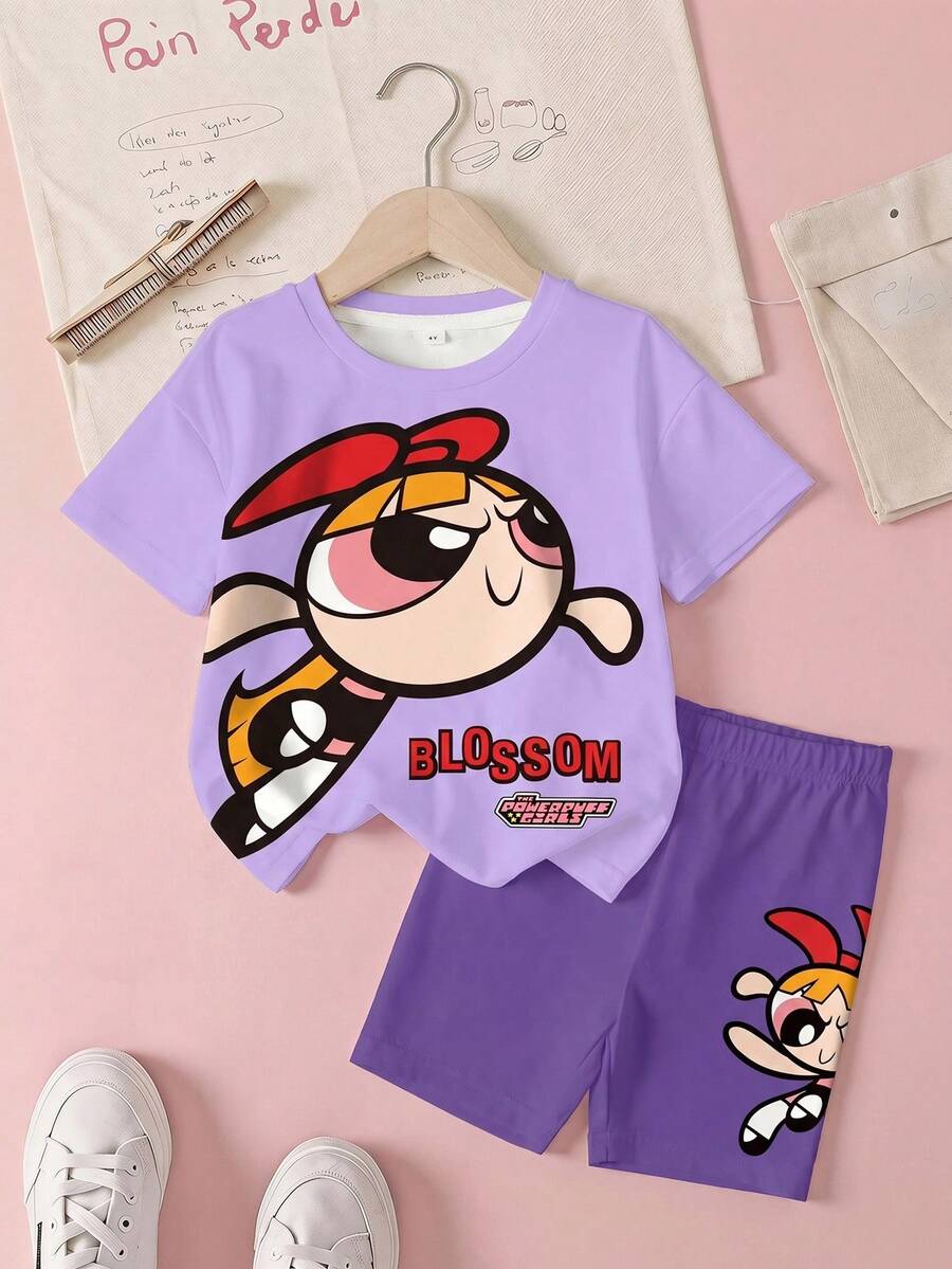 THE POWERPUFF GIRLS X SHEIN Kleine Mädchen Buchstaben & Cartoon Muster Rundhals Kurzarm T-Shirt und Shorts Casual Tagesoutfit - Weiss - Übersicht 1