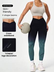 SHEIN Sports 女款漸層無縫高彈力瑜伽健身交叉腰緊身褲 - 彩色 - 查看 7
