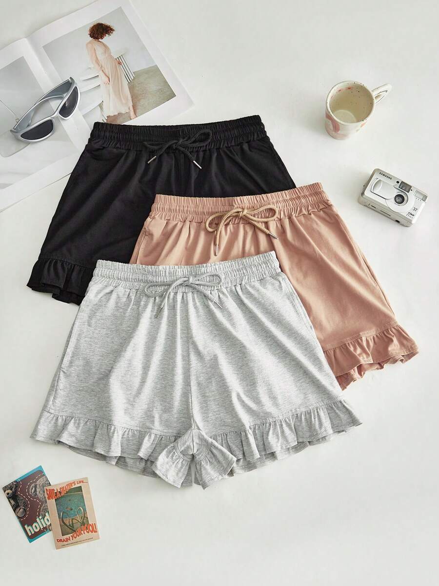 Lowkey Lull 3pcs/Pack Celana Pendek Minimalis Dasar dengan Tali Serut, Celana Tidur Wanita, Bawahan Pakaian Santai - MultiWarna - View 1