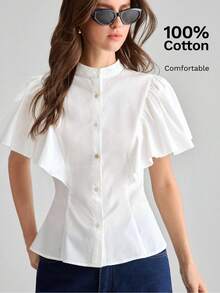 Ontre Women's White Comfortable Fabric Fitted Shirt Small Stand Collar Regular Shoulder Short Sleeve With Ruffle Cuff Patchwork Office Teachers' Day Summer - White - View 2