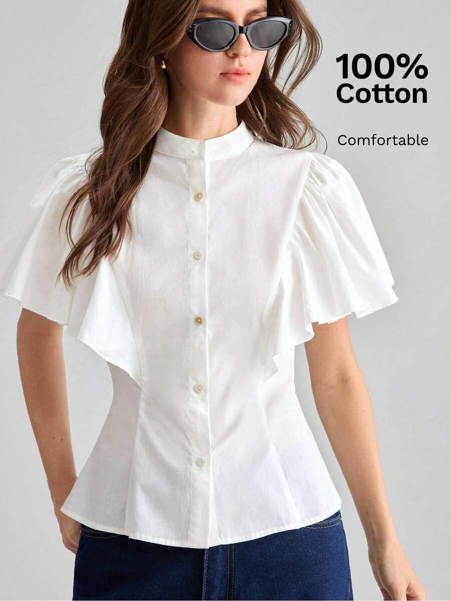 Ontre Women's White Comfortable Fabric Fitted Shirt Small Stand Collar Regular Shoulder Short Sleeve With Ruffle Cuff Patchwork Office Teachers' Day Summer