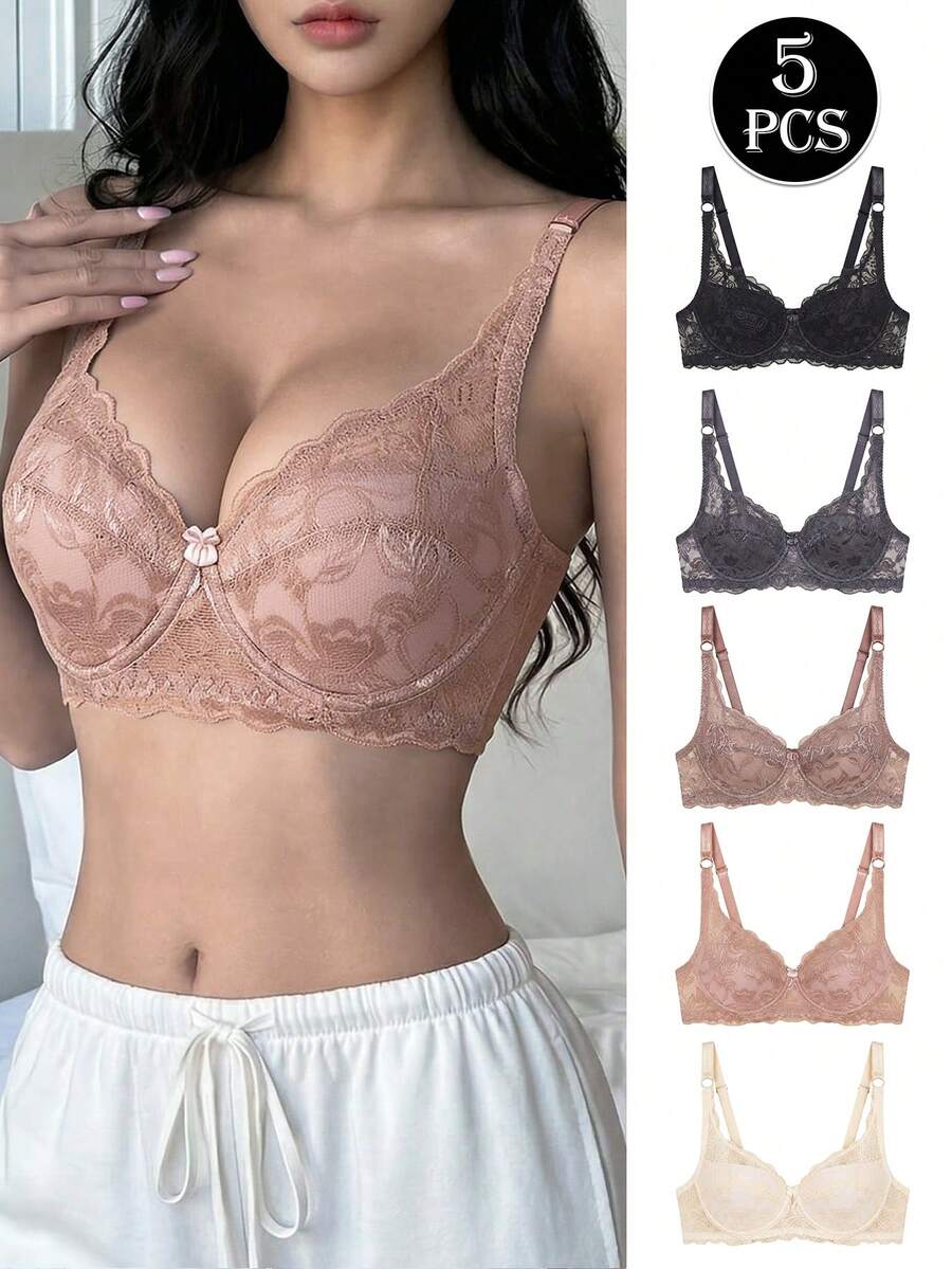 Napfluff 5pcs/Set Women Floral Lace Comfortable Bras - Multicolor - View 1