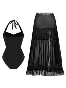 Swim Oasis Conjunto de vestido largo de una pieza para mujer con cuello halter, asimétrico y de unicolor - Negro - Ver 9