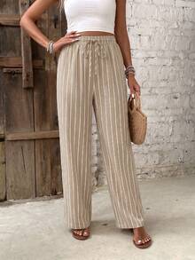 SHEIN Frenchy Women's Waist Tie Striped Straight Leg Casual Long Pants - Khaki - View 3