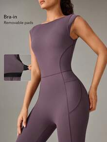 OutZeal Women Outdoor Jumpsuits Workout Gym Pilates Clothes UV Protection Buttery Soft Bra-In Flared Leg With Pocket - Purple - View 4