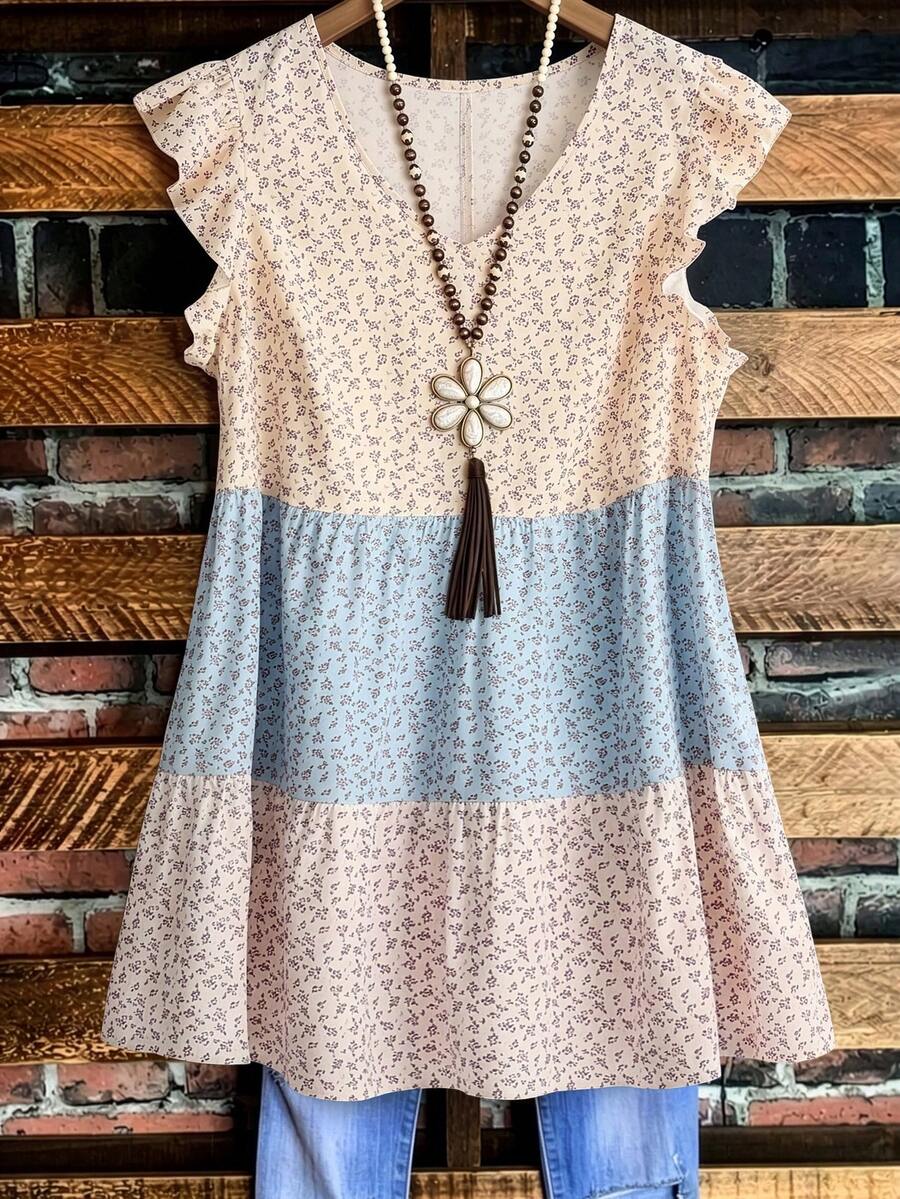 Linhara Plus Size Women's Beige Patchwork Flutter Sleeve Ditsy Floral Loose Fit Dress Dinner Vacation Summer Boho Capsule Wardrobe - Multicolor - View 1