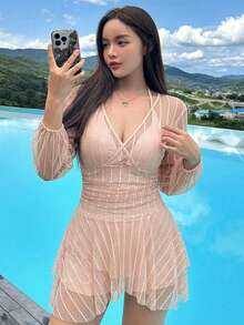 DAZY 女款拼接網紗度假海灘時尚連身泳衣裙褲 夏季 - 粉色 - 查看 5