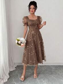 Rafferiza Women's Floral Applique Puff Sleeve Mesh Square Neck A-Line Dress - Brown - View 4
