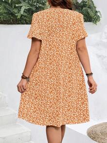 EMERY ROSE Vestido de vacaciones de verano con mangas con volantes y estampado floral pequeño para mujer de talla grande - Naranja Coral - View 2