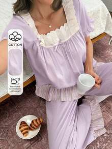 DAZY Conjunto de pijama de mujer de 2 piezas con volantes dulces, encaje bordado, patchwork y mangas de pétalo para verano - Morado - Ver 5