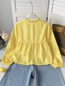 SHEIN Tween女孩休閒日常舒適寬鬆荷葉領襯衫童裝 - 黃色 - 查看 2