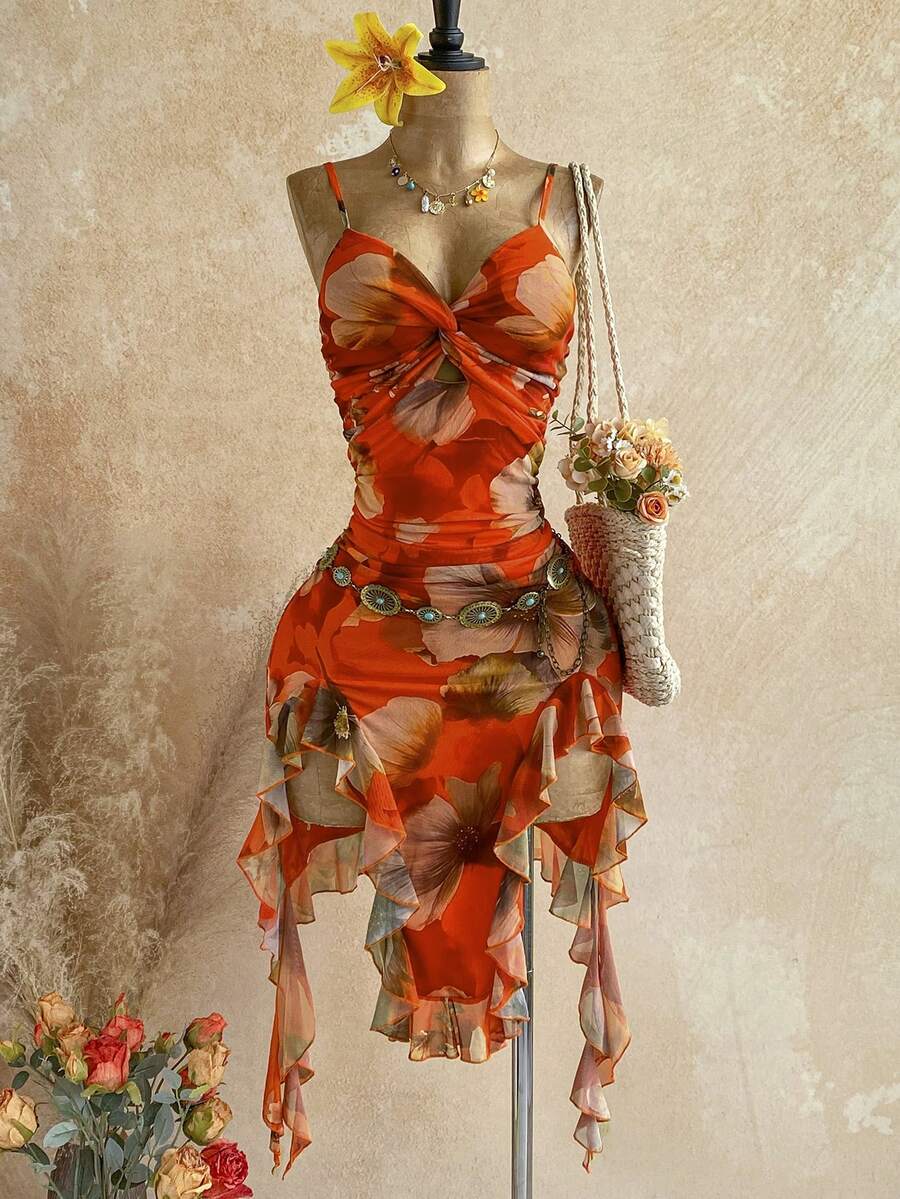 Soleia 女款優雅性感收腰細肩帶荷葉邊針織印花中長洋裝 - 彩色 - 查看 1
