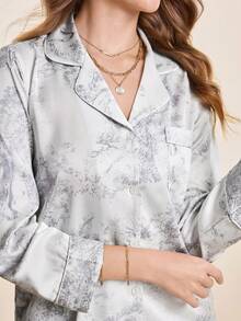 Hourtrue 2pcs Women's Ink Printing Ice Silk Simple Home Wear Long Sleeve Top And Pants Pajama Set, Two Pieces Set, Fall Winter Clothes - Grey - View 8