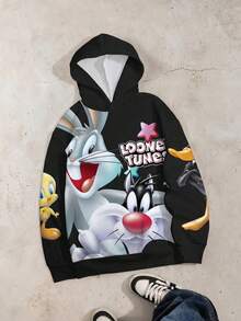 LOONEY TUNES X SHEIN Sudadera con capucha casual de hombre con estampado de conejo de dibujos animados, otoño - Blanco - Ver 1