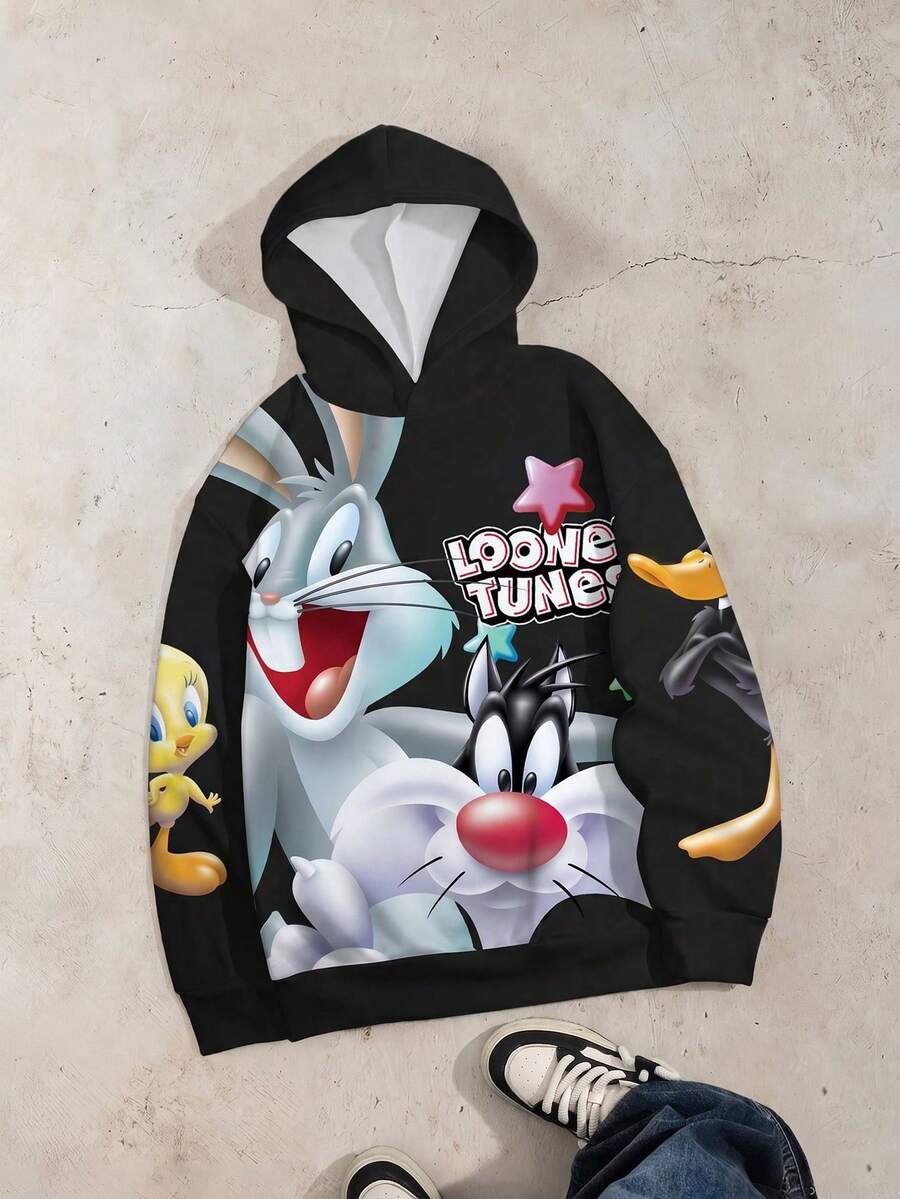LOONEY TUNES X SHEIN Sudadera con capucha casual de hombre con estampado de conejo de dibujos animados, otoño - Blanco - Ver 1