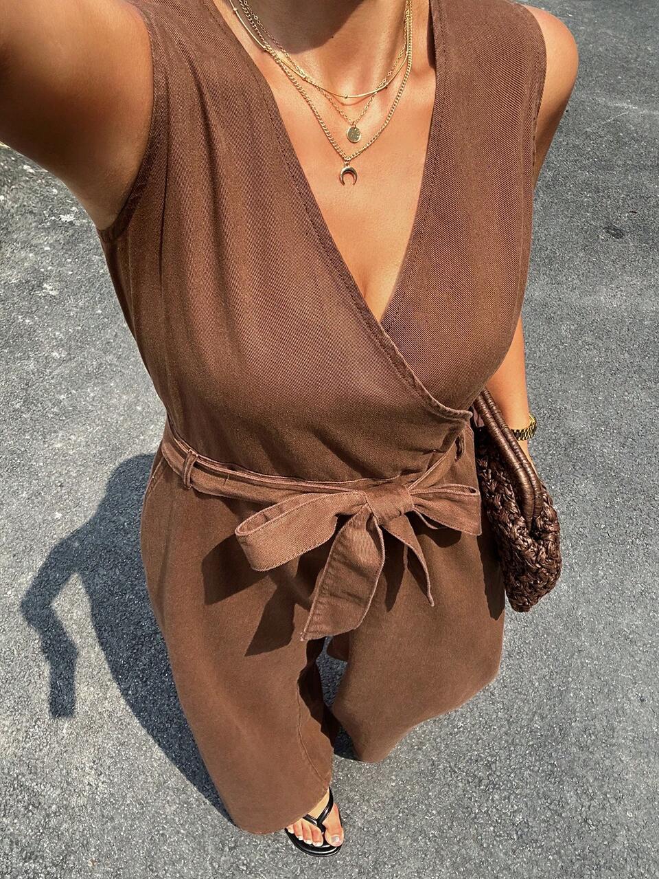 Dazy Plus Solid Color Casual Waist Tie Sleeveless Street Blogger Style Plus Size Women Spring Summer Denim Jumpsuit Brown
