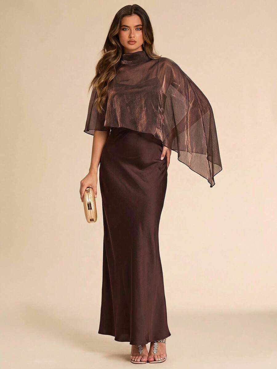 SHEIN BAE 春夏緞面亮面披肩 2 件組洋裝,奢華名媛風晚禮服 - 棕色 - 查看 1