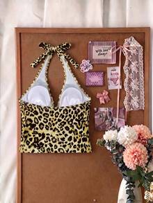 Elavelle Top de bikini con tirantes finos y lazo con estampado aleatorio para mujer, primavera/verano - Multicolor - View 3