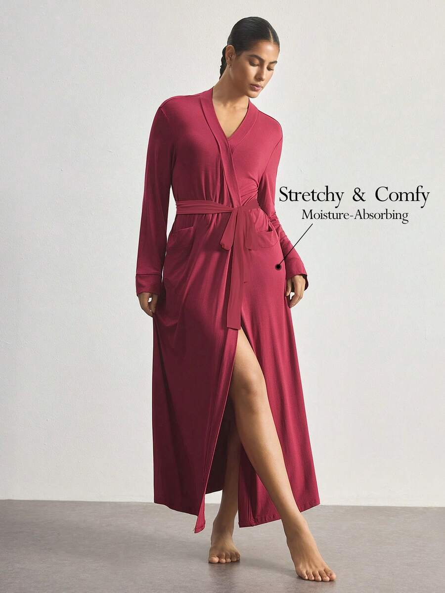 Ocili Bata cómoda y suave de algodón, bata de dormir extra larga para mujer, elegante para el otoño - Burdeos - Ver 1