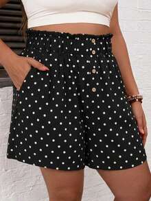 Comfylo Plus Size Women's Polka Dot Pattern Casual Versatile Shorts With Pockets And Button Front - Black - View 5