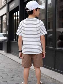 SHEIN Tween Boy Striped Patchwork Color Block Short Sleeve T-Shirt And Shorts Casual Daily Set - White - View 4