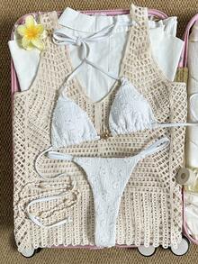 Swim Mod 女款 26 春夏新款奶油黃提花紋理面料 V 領露背三角比基尼套裝 2 件組 性感釘飾泳褲泳衣 甜美海灘度假風 - 白色 - 查看 3