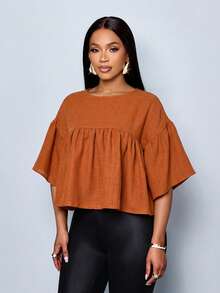 SOLERSUN Blus Peplum Wanita yang Menawan, Atasan Babydoll, Lengan Lonceng yang Mengalir, Potongan Longgar, Kontrol Perut, Warna Karat, Cocok untuk Kerja Kantor hingga Akhir Pekan yang Chic - Coklat - View 4