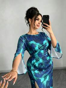 Elenzga 大码女士优雅通勤简约日常约会派对性感宴会开衩袖口修身杏色底黑色印花长裙 - 水鴨藍 - 查看 6