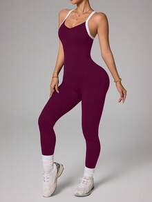 SHEIN Dewbera Mono deportivo de running sin costuras con tirantes cruzados y bloques de color para mujer - Rojo violeta - Ver 8