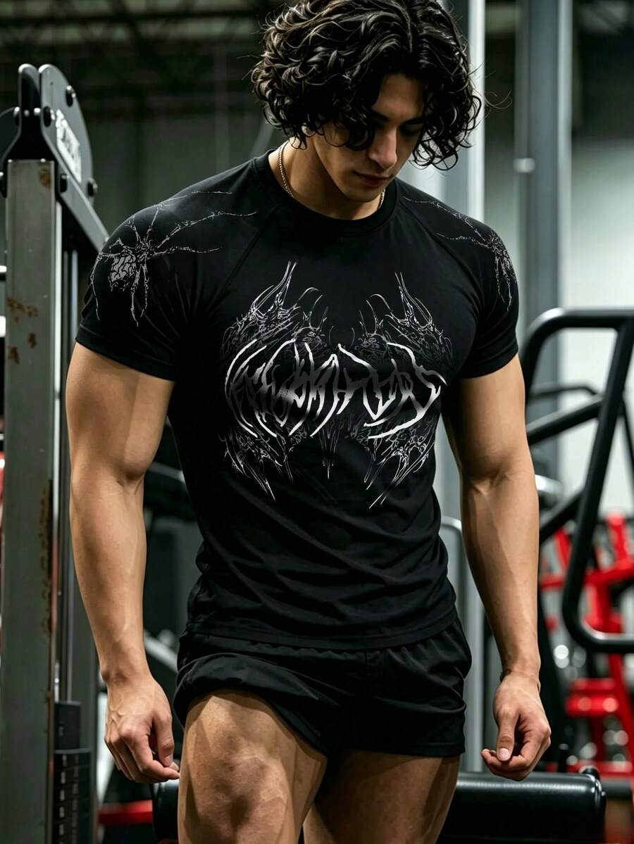 GymBeat 男士時尚百搭哥德式印花圓領短袖運動T恤,健身房適用 - 黑色 - 查看 1