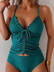 SHEIN Swim Conjunto de tankini de traje de baño con parte superior sin mangas con cuello en V profundo y fruncido, y Bottom con cordón, adecuado para viajes, vacaciones, piscina, playa de verano - Verde - Ver 3