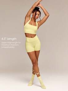 GLOWMODE 2 Pieces FeatherFit™-Sculpt Super Set Adjustable Halter Sports Tank Top & 4.3" Y-Shaped Butt Crossover Waist Active Shorts Set Medium Impact Workout Jogging Gym Training - French Vanilla - View 7