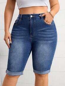 SHEIN Tall CURVE Plus Size Women's Casual Versatile Daily Denim Shorts With Pockets And Buttons - Blue - View 3
