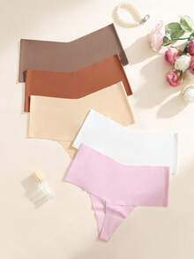 SHEIN 5pcs/Pack Women's Seamless Solid Color Mid-Waist Thong Panties - Multicolor - View 2