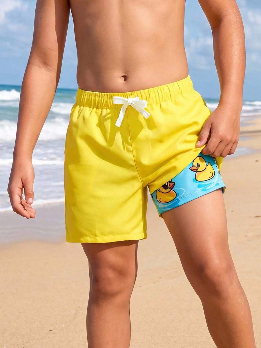 SHEIN 青少年男童时尚抽绳腰休闲沙滩短裤 - 黃色 - 查看 1