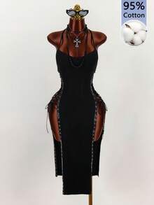 Amplova Damen Kleid in mittlerer Länge mit Spaghettiträgern, Ring-Detail, Schlitz und Bindeband - Schwarz - Übersicht 4