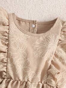 SHEIN Genkimix Kids Young Girl Khaki White Floral Texture Flutter Sleeve A-Line Dress, Vacation Party Outgoing Graduation Fall - Khaki - View 4