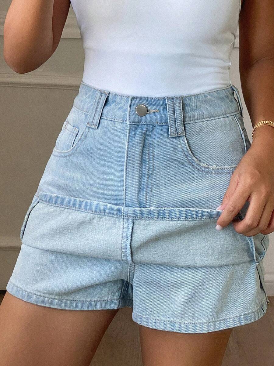 DAZY 女款夏季休閒牛仔裙內含內搭短褲女孩適用 - 淺色水洗藍 - 查看 1